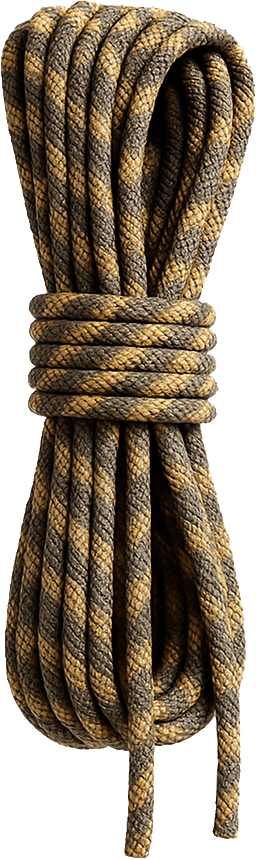 Coiled brown and tan rope, bundled in the middle.