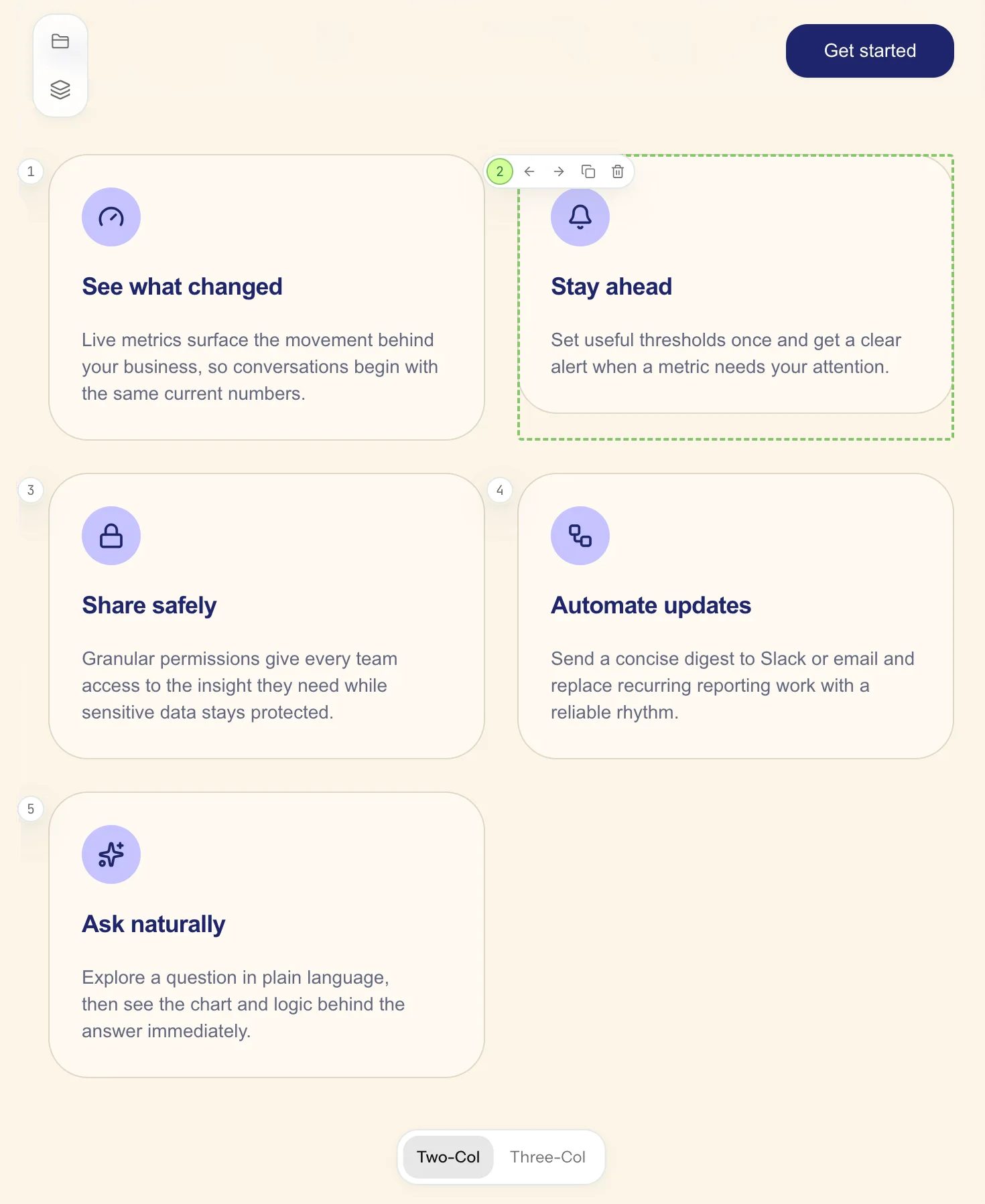 Webpage with five feature cards detailing live metrics, alerts, secure sharing, automated reports, and natural language querying.