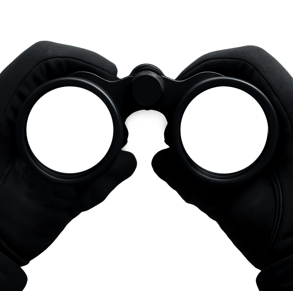 Gloved hands holding black binoculars against a green background.