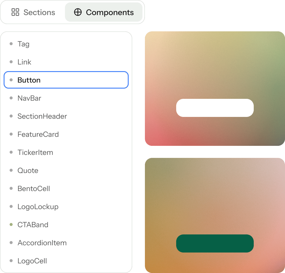 A UI showing a "Components" tab selected, a list of components with "Button" highlighted, and two example buttons.