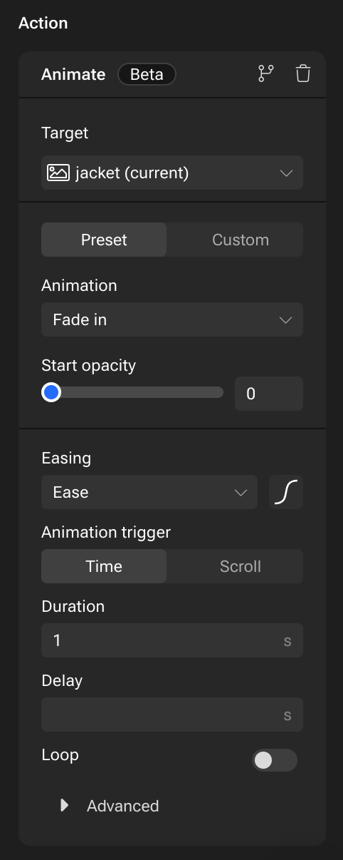 Beta animation settings UI: "Fade in" for "jacket" with 0% start opacity, 1s duration, triggered by time.