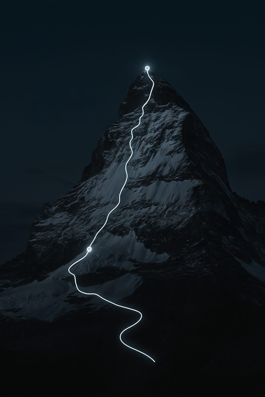 Dark mountain with a glowing winding path to the summit and a waypoint.