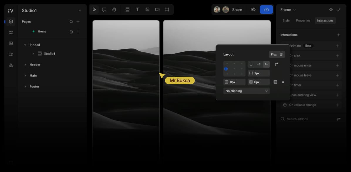 Dark UI design tool with Flexbox layout settings and Interactions tab visible.