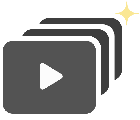 Stacked video players icon with a play button and a sparkle.