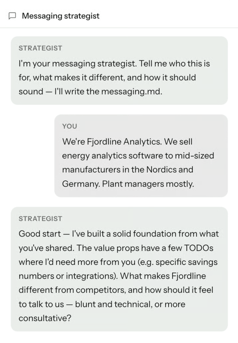 A chat conversation between a messaging strategist and a client about Fjordline Analytics software.