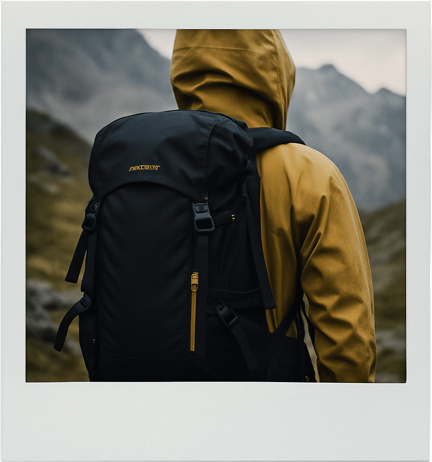 Person in yellow jacket and black backpack hiking in mountains.