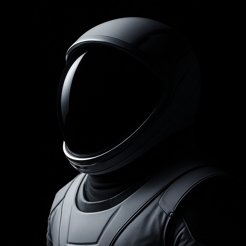 Dark, futuristic astronaut helmet and suit.