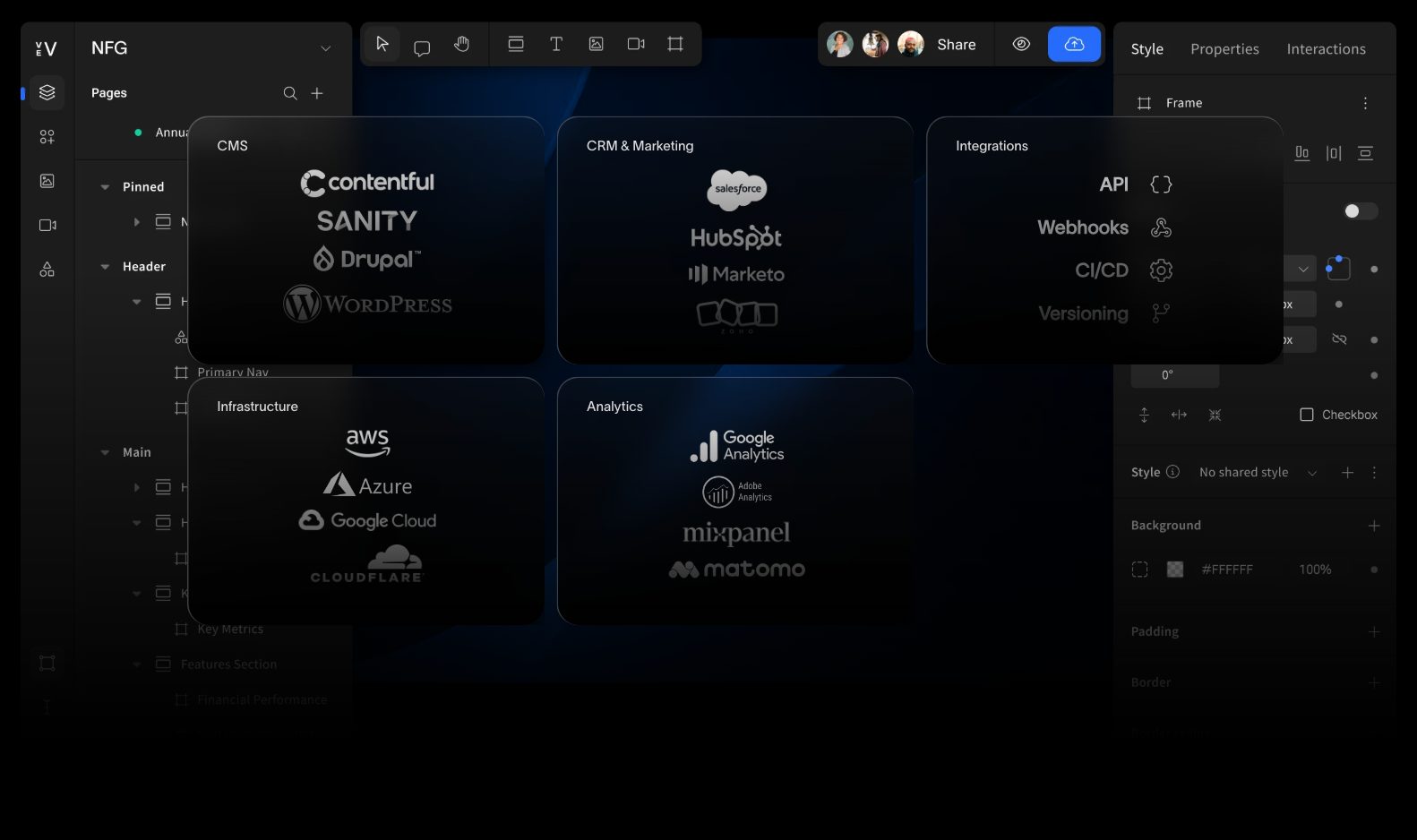 Dark UI showing a file/page structure on left, and a grid of tech categories (CMS, CRM, Analytics) in center.