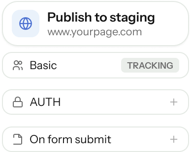 A list of four UI cards: "Publish to staging", "Basic" with "TRACKING", "AUTH", and "On form submit".