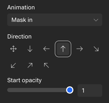 Animation settings: Mask in, up direction selected, start opacity 1.