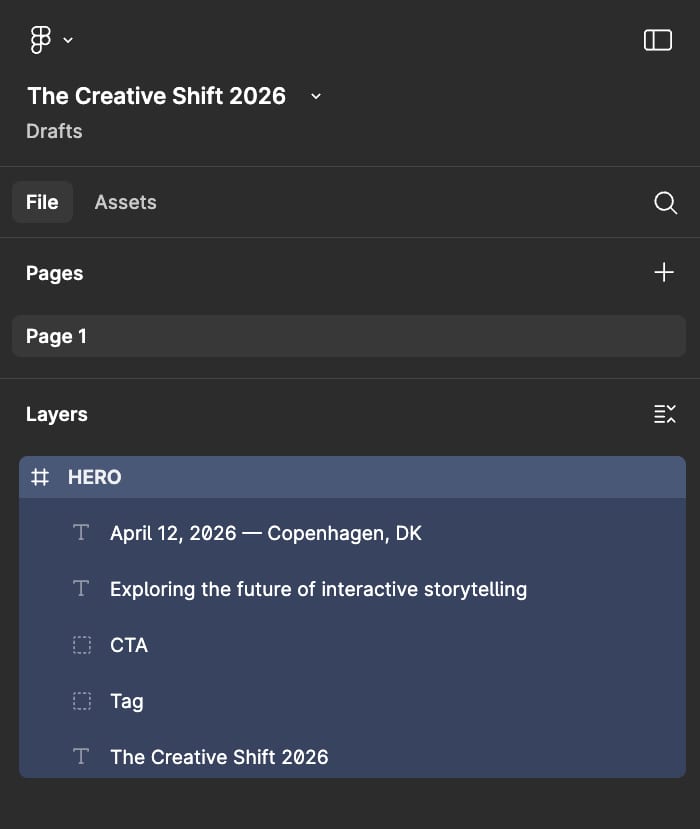 A UI panel showing project "The Creative Shift 2026", with "Pages" and "Layers" sections. Layers show a "HERO" group with text.
