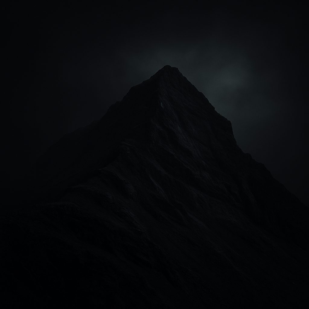 Ominous dark mountain peak against a dark, cloudy sky.