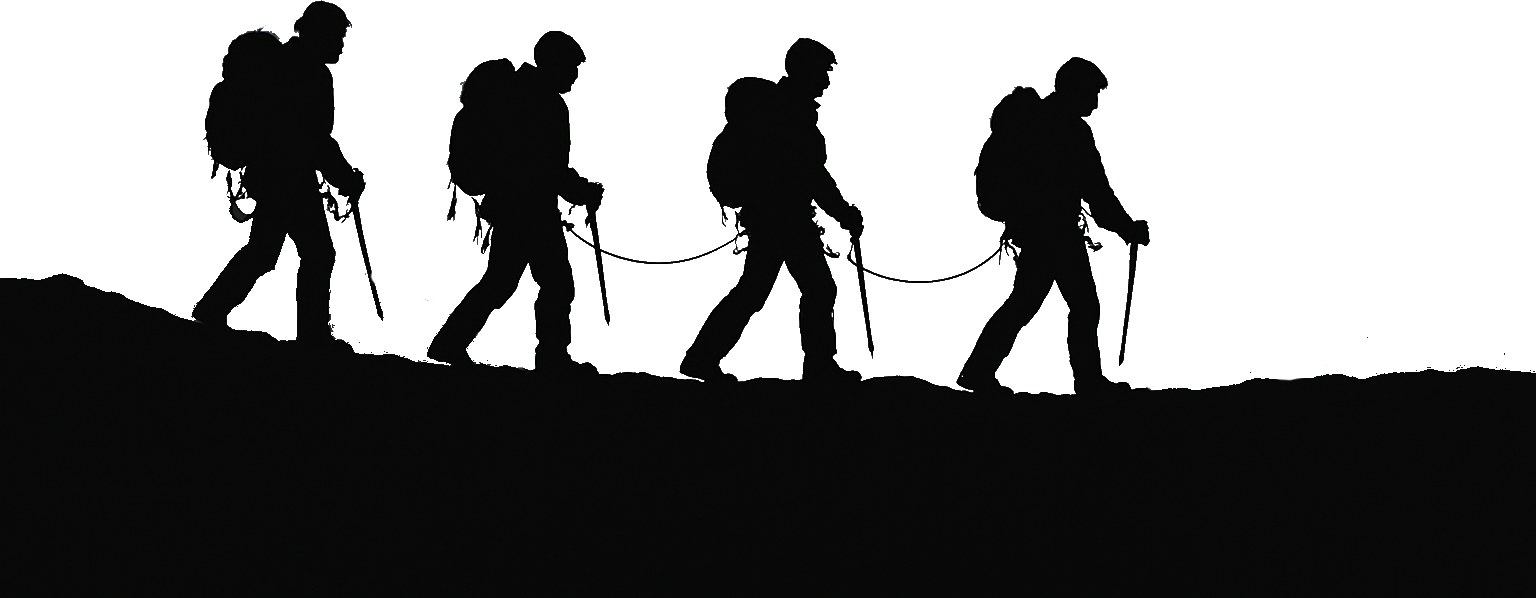 Silhouettes of four roped hikers with backpacks and poles on a dark slope against a green background.