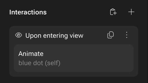 Interactions panel: "Upon entering view" event with "Animate blue dot (self)" action.
