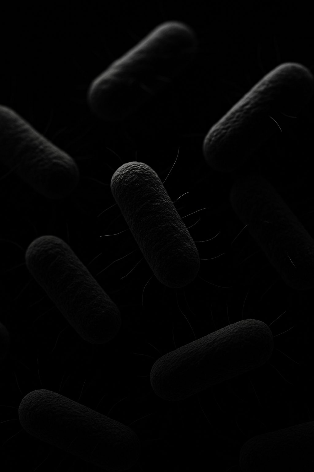 3D rendering of dark rod-shaped bacteria with hair-like structures on a black background.