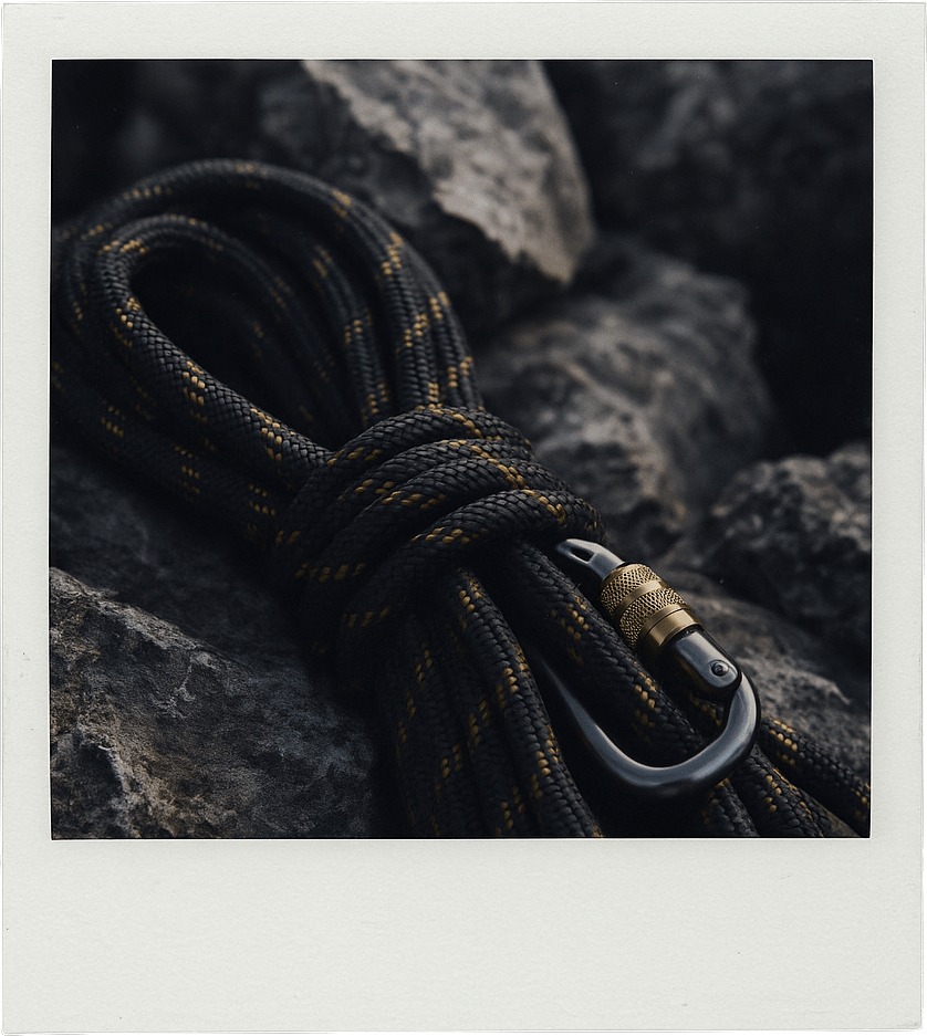 Black and gold climbing rope and carabiner coiled on dark rocks.