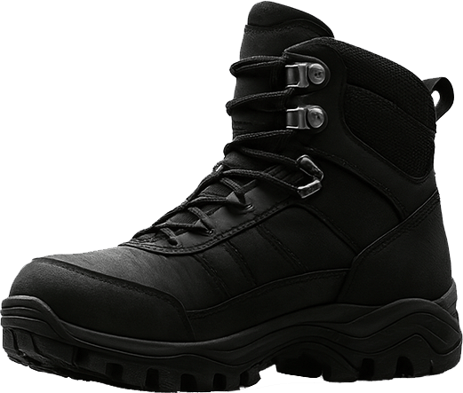 Black high-top lace-up boot with rugged sole and metal eyelets.