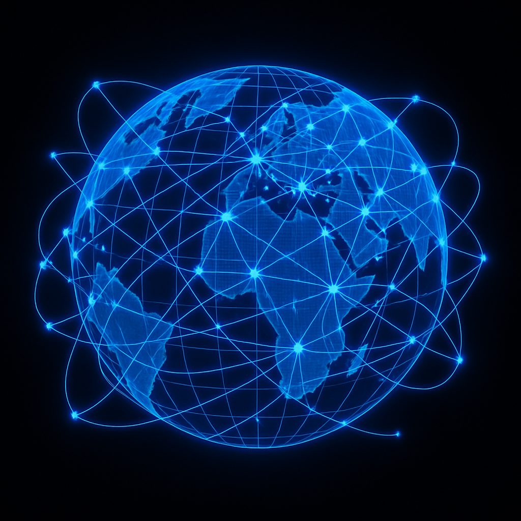 Blue digital globe with illuminated network connecting points.