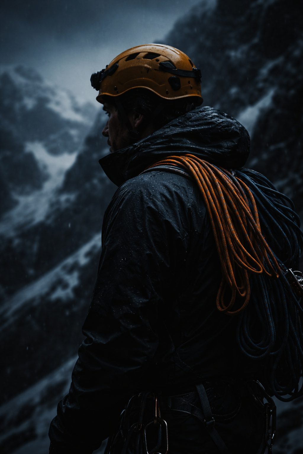Mountaineer with yellow helmet and ropes, facing dark, rainy mountains.