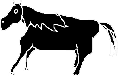 A black horse with a white outline, drawn simply, on a green background.