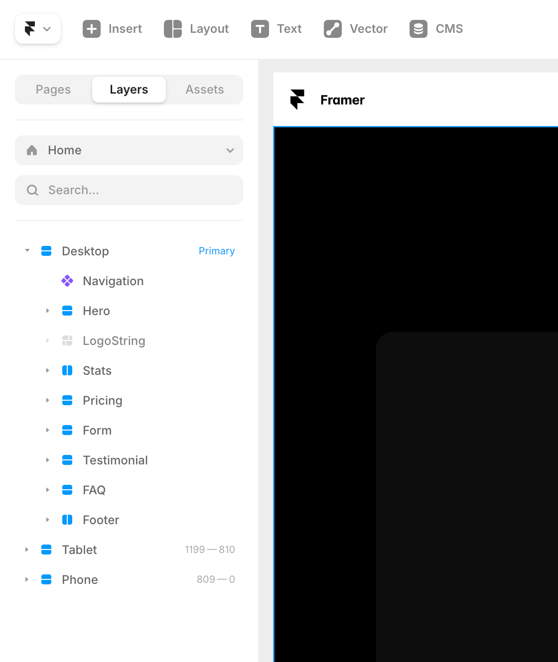 Framer UI with Layers panel open, showing page structure and responsive breakpoints (Desktop, Tablet, Phone).
