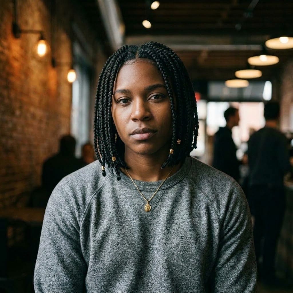 Young Black woman with braided hair and grey sweatshirt looking forward.