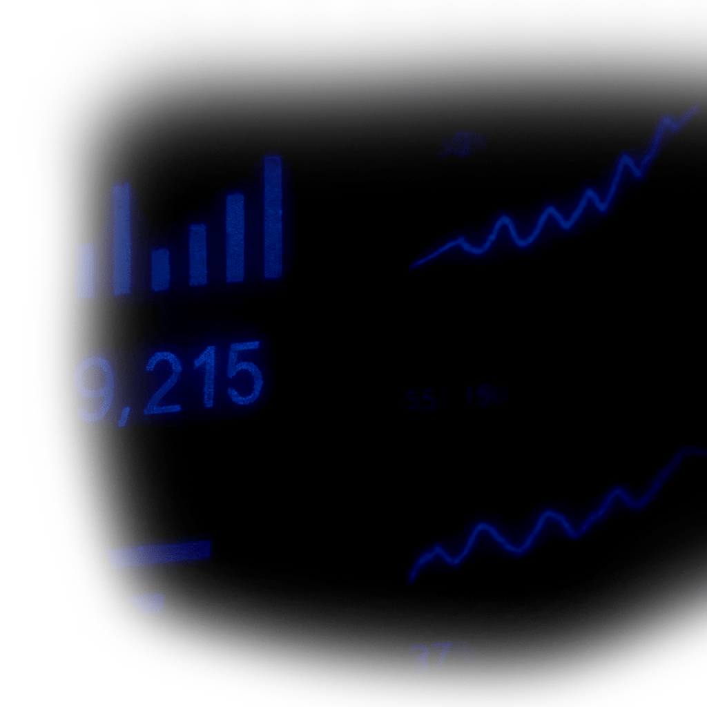 Glowing blue digital charts and numbers, including a bar graph, line graphs, and '9,215', on a dark screen.