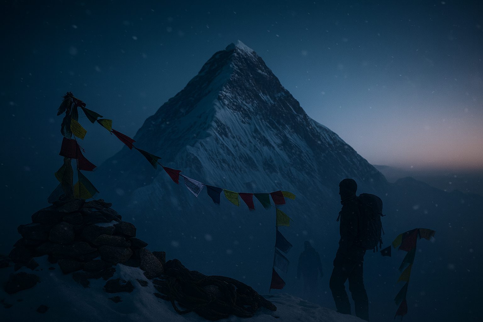 Dark snowy peak, prayer flags, and a silhouetted climber in falling snow.