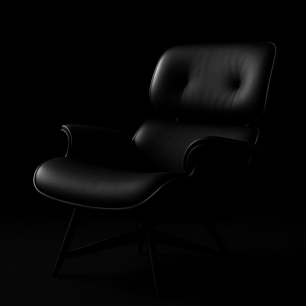 Sleek, dimly lit black leather armchair against a black background.