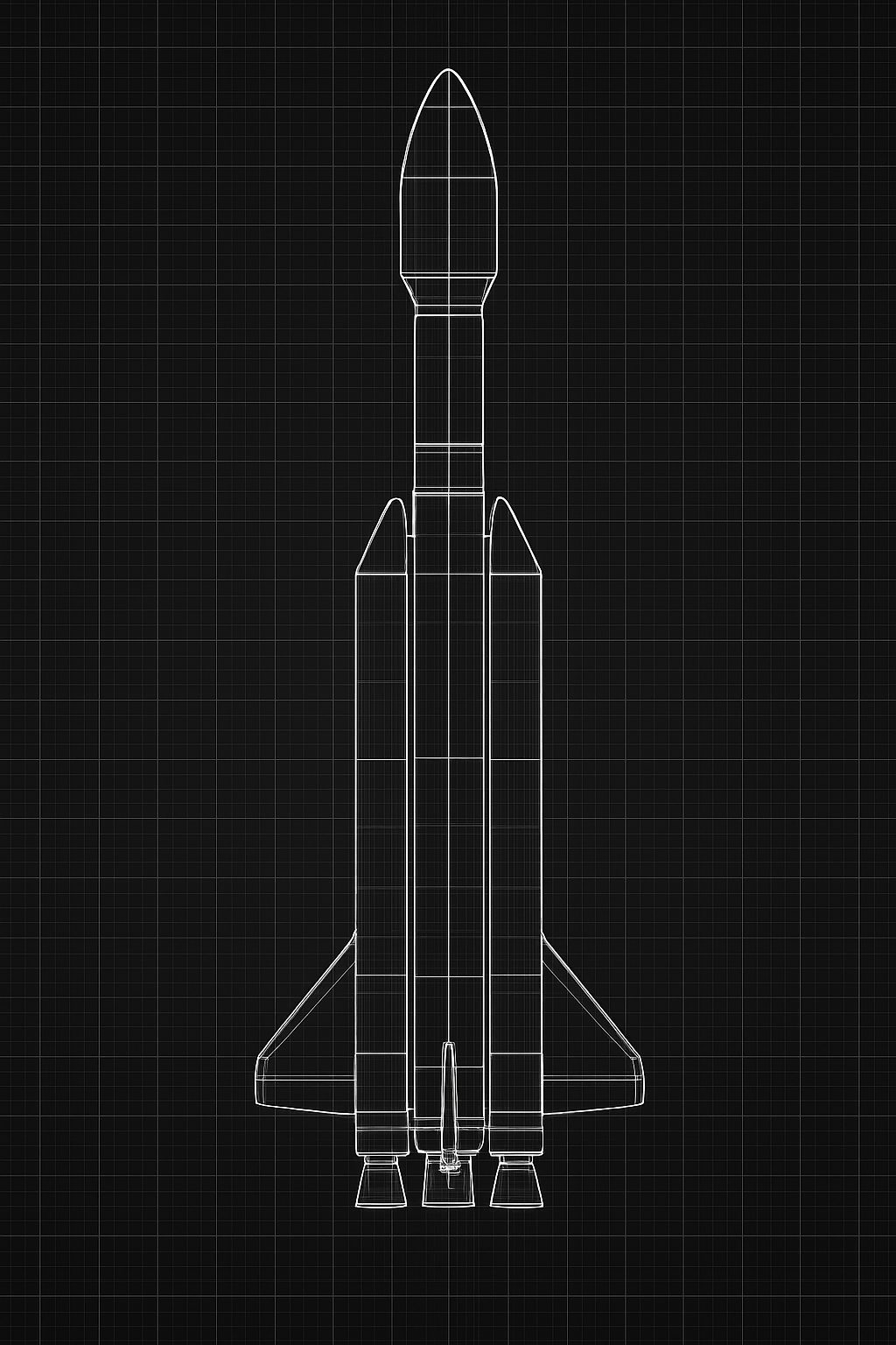 Wireframe blueprint of a space shuttle-like rocket with boosters and wings on a black grid.