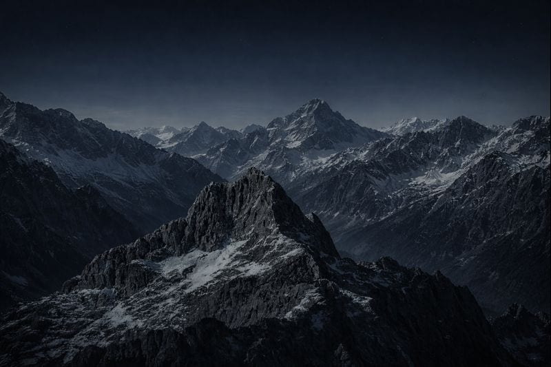 Dark, snow-capped mountains under a night sky with subtle stars.
