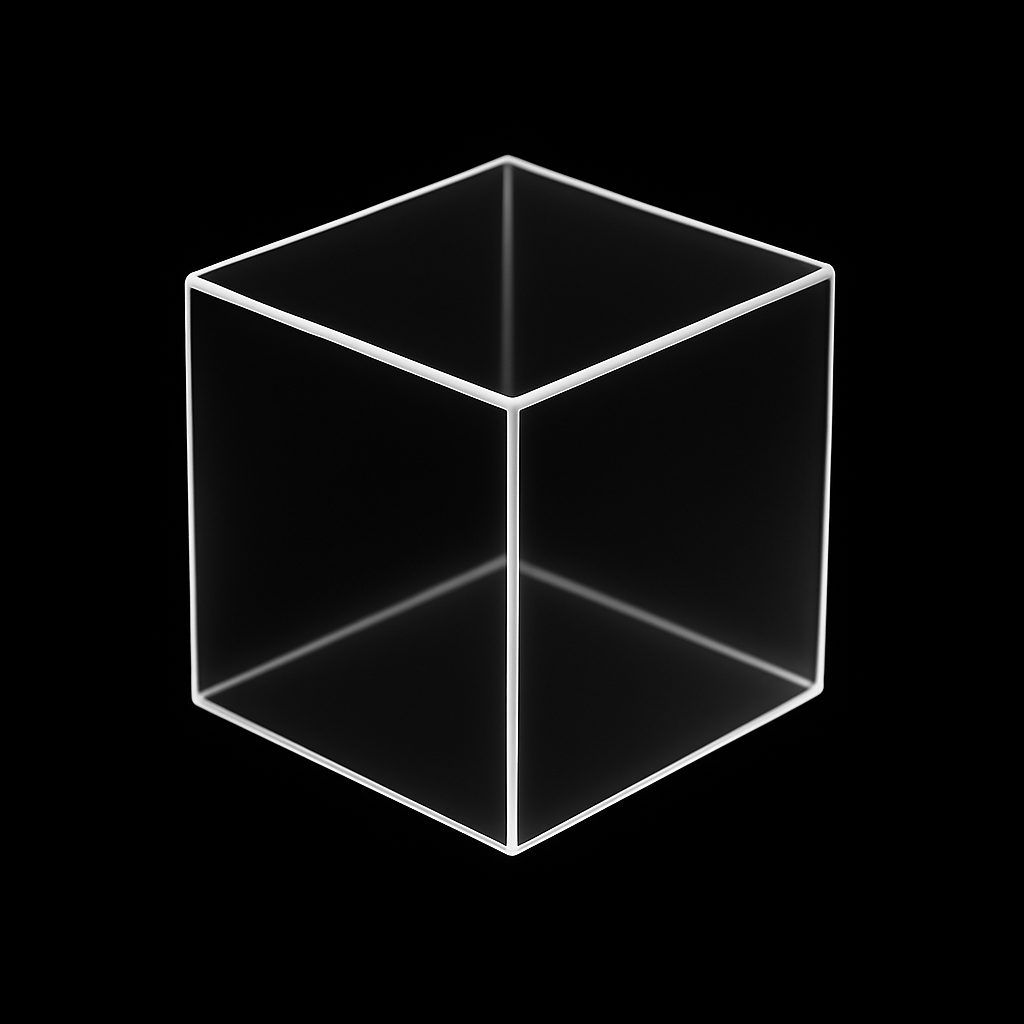 A transparent cube with white edges on a black background.