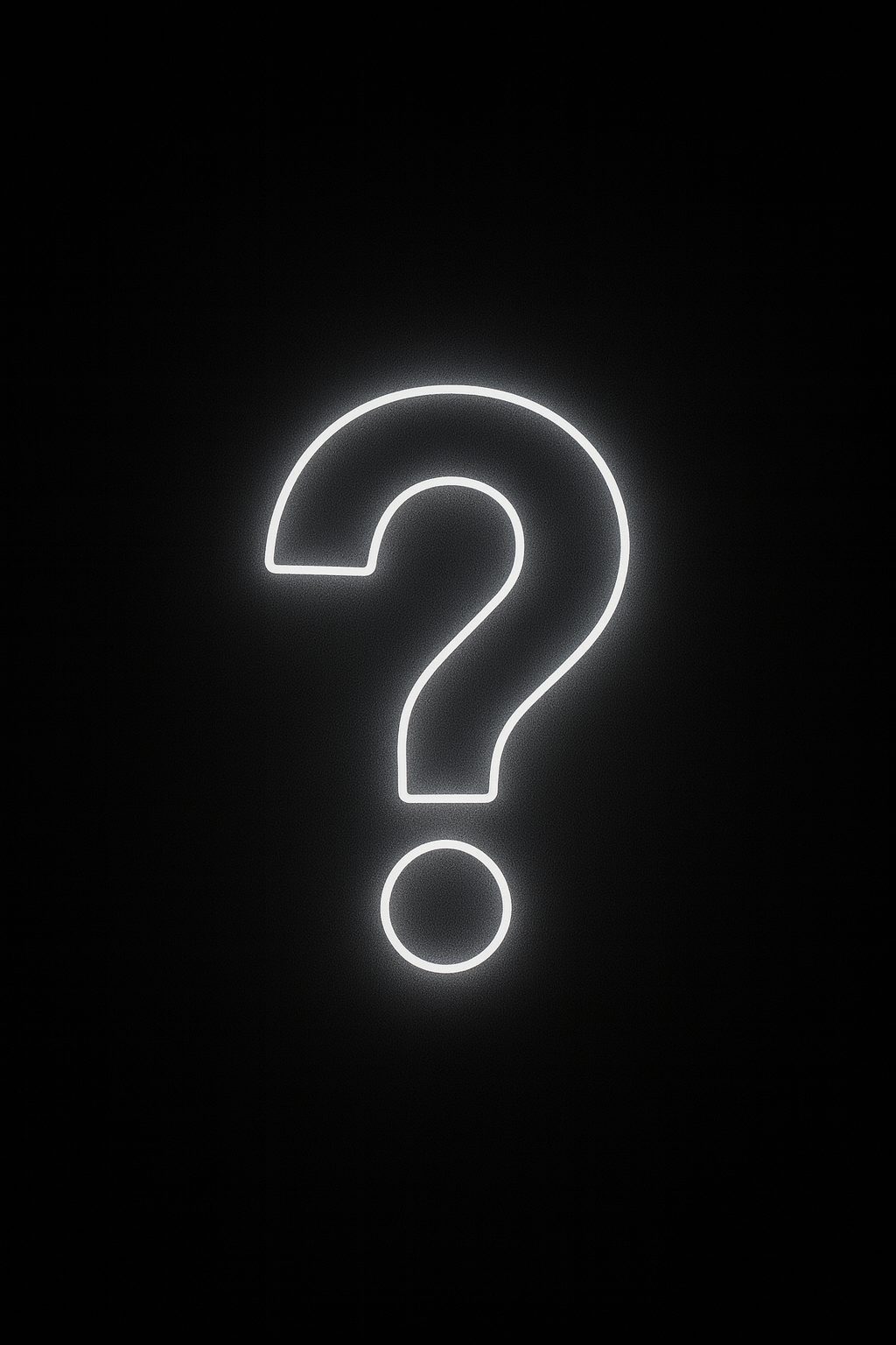 A glowing white question mark symbol on a solid black background.