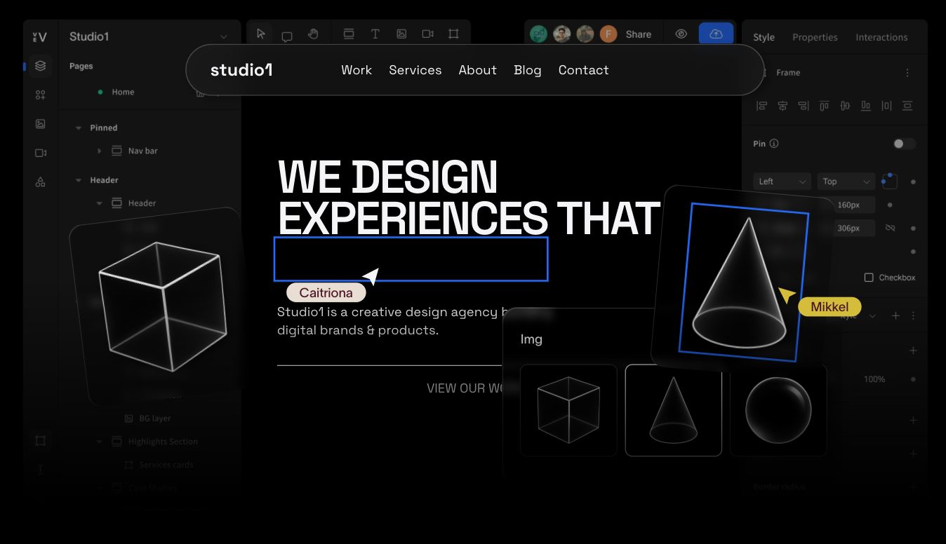 UI design tool showing "Studio1" website content, geometric shapes, and design interface elements.