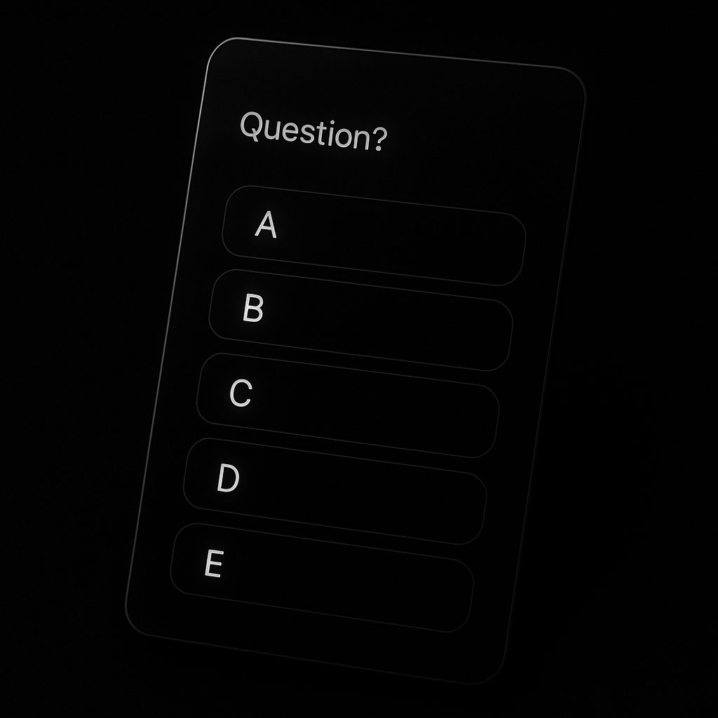 Multiple-choice quiz on a dark screen with "Question?" and options A, B, C, D, E.