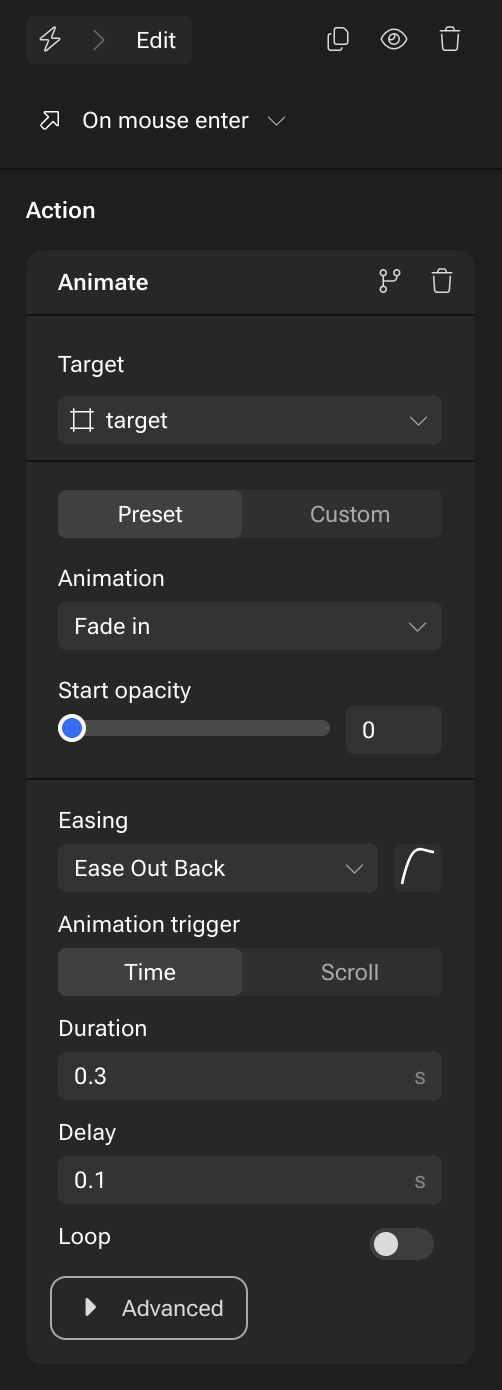 Animation settings panel: 'On mouse enter' trigger, 'Fade in' effect, 0.3s duration.