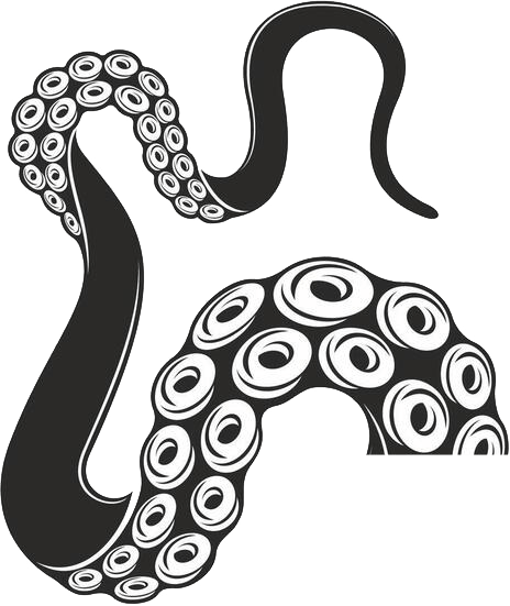 Three black octopus tentacles with white suckers, two detailed and one plain, curving on a white background.