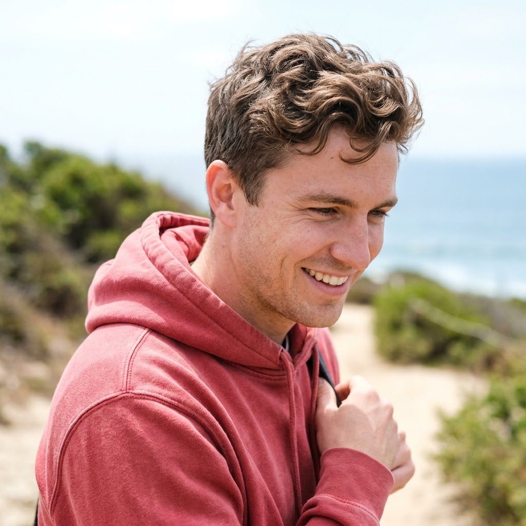 A smiling man in a red hoodie stands outdoors with a blurred beach and ocean in the background.