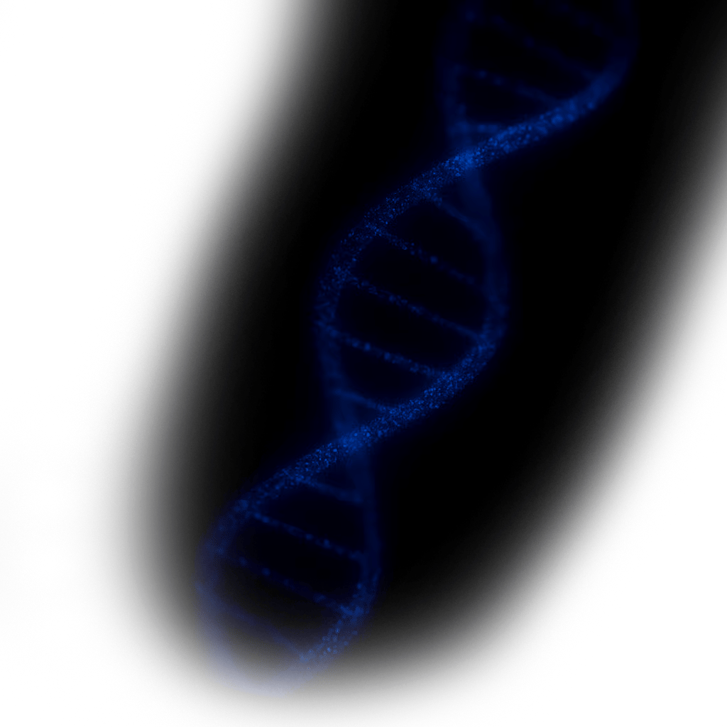 Glowing blue DNA double helix on a dark background.