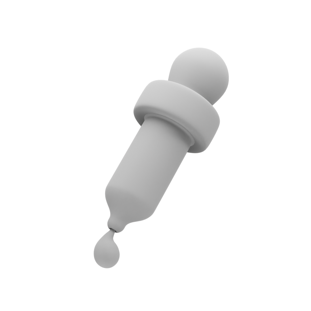 A 3D render of a grey dropper with a single drop of liquid at its tip on a white background.