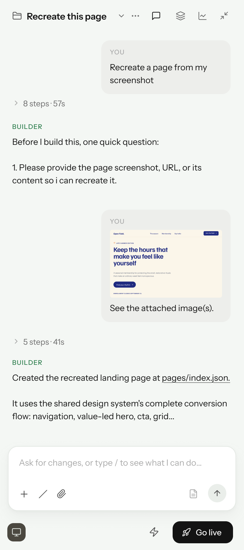 Chat about recreating a webpage from a screenshot, with builder's questions and completion.