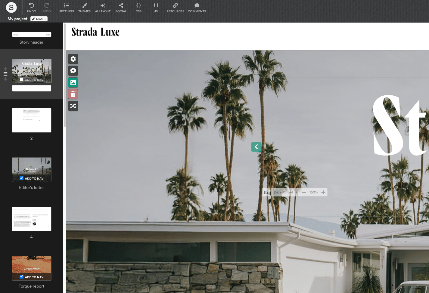 Design tool UI: project sidebar, main canvas with palm trees and building image, editing options.