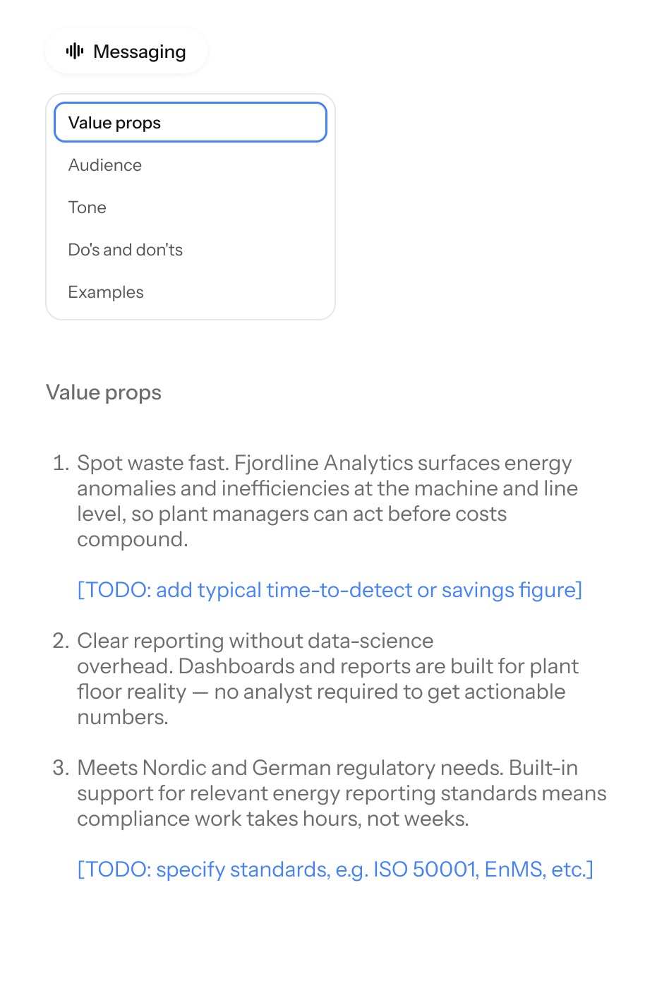 A UI showing 'Value props' selected in a menu, with a detailed list of three value propositions below it.