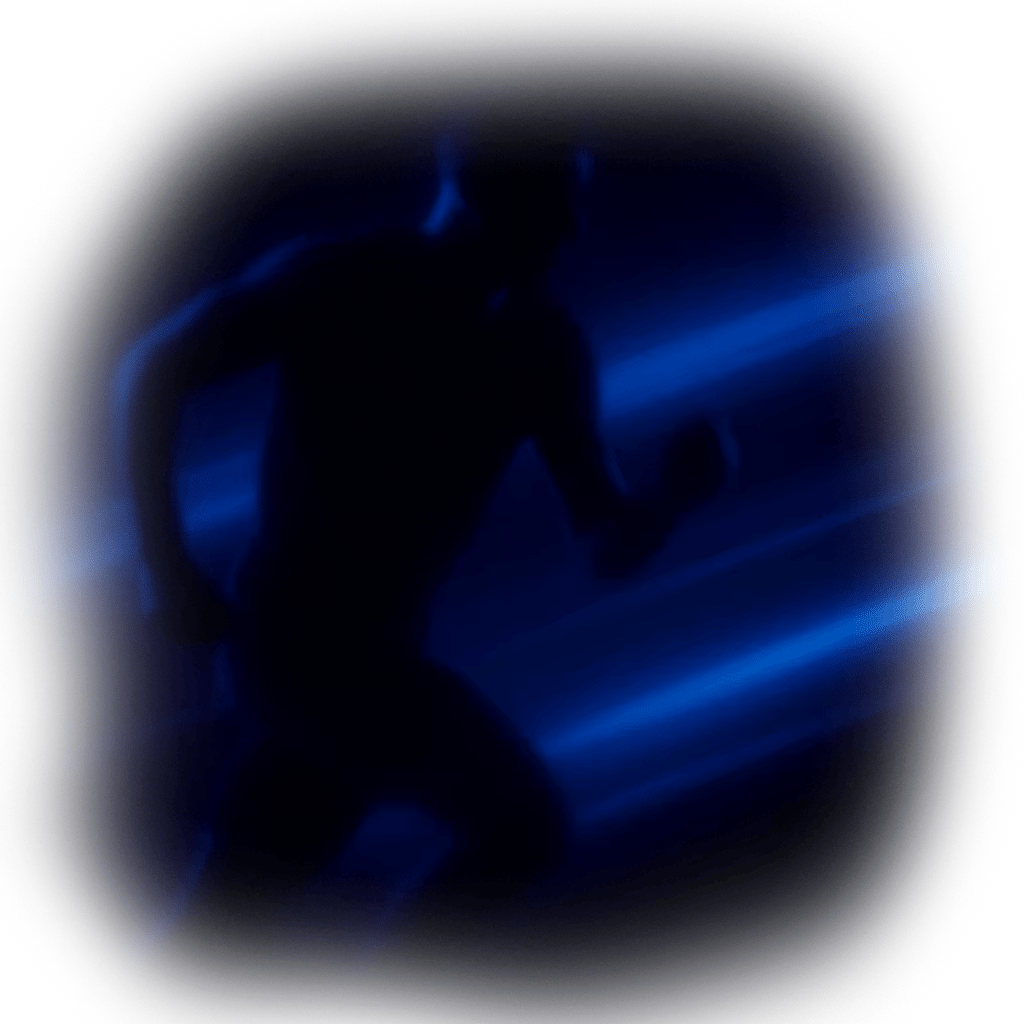 Runner silhouette against glowing blue, streaked background.
