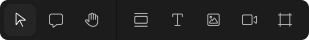 A dark gray toolbar displays eight white outline icons: cursor, chat bubble, hand, layout, text, image, video camera, and crop.