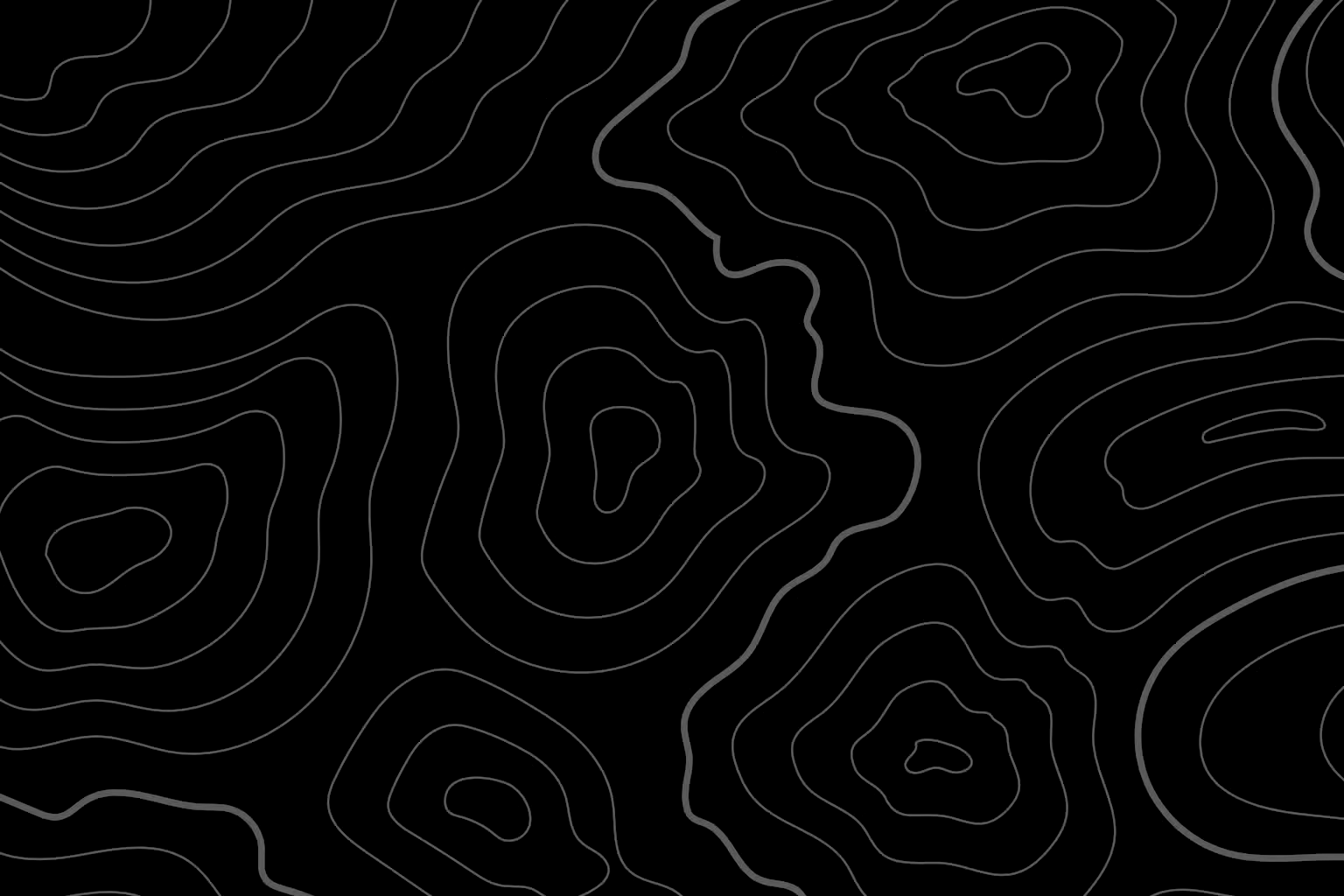 Topographic map with dark gray contour lines on a black background, forming abstract patterns.