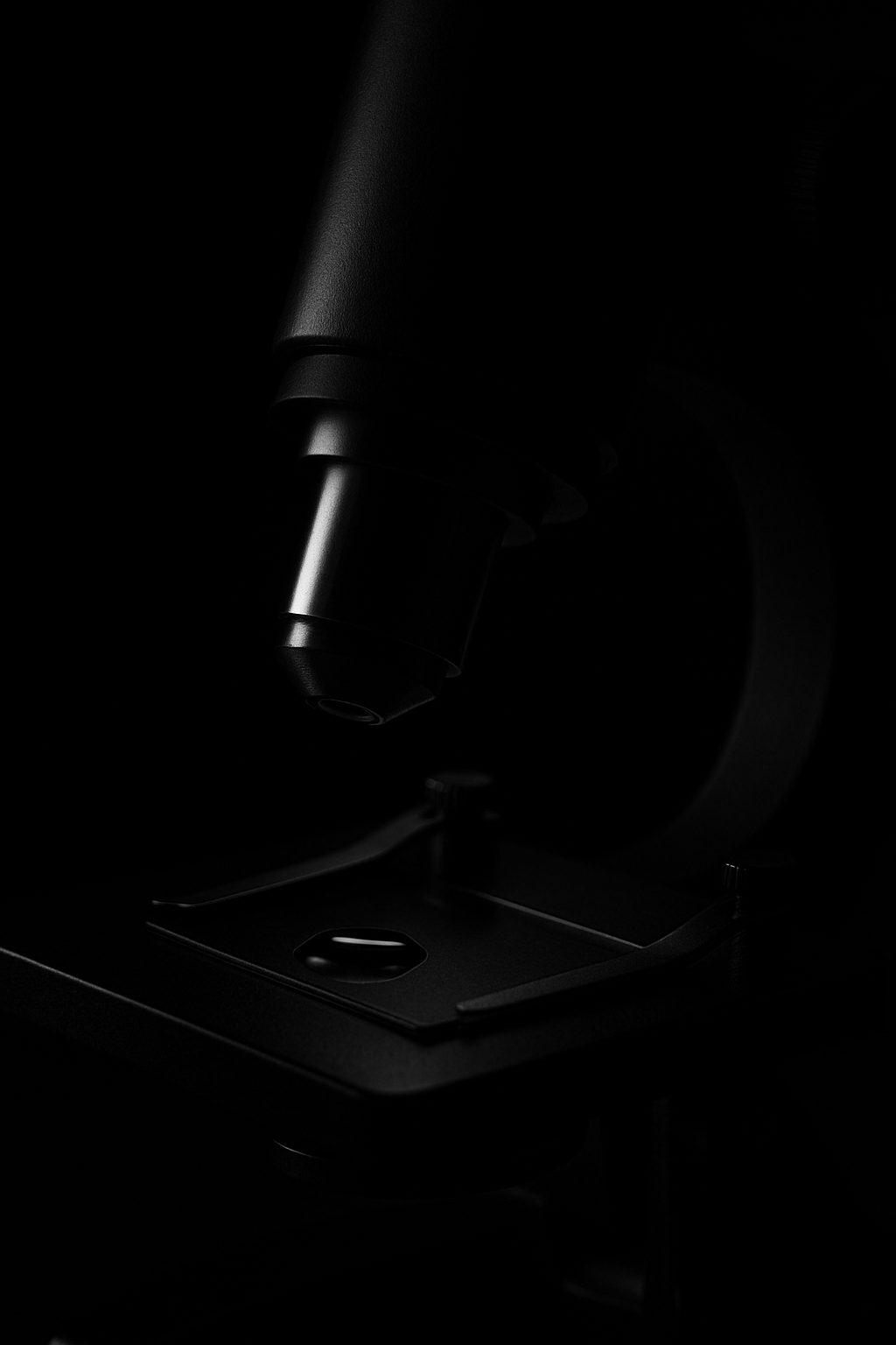 Low-key, black and white image of a microscope, partially illuminated against a dark background.