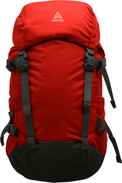 Red Aurora backpack with black base and grey straps.