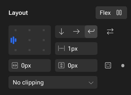 Layout settings panel: Flex 00, alignment grid with active left icon, spacing, and clipping controls.