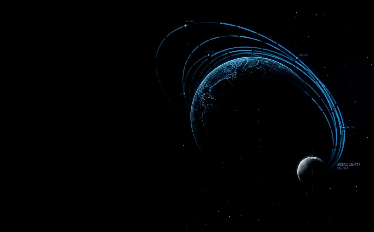 Stylized Earth with orbital paths, depicting a journey to the Jezero Crater target.